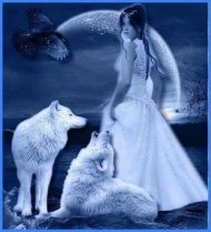 weisse Wölfe und eine Frau bei Nacht